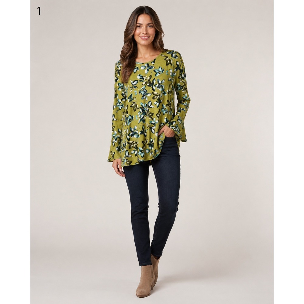 J. Jill Long Sleeve Shirt Womens Medium Green Blue Floral Cotton Modal Blend